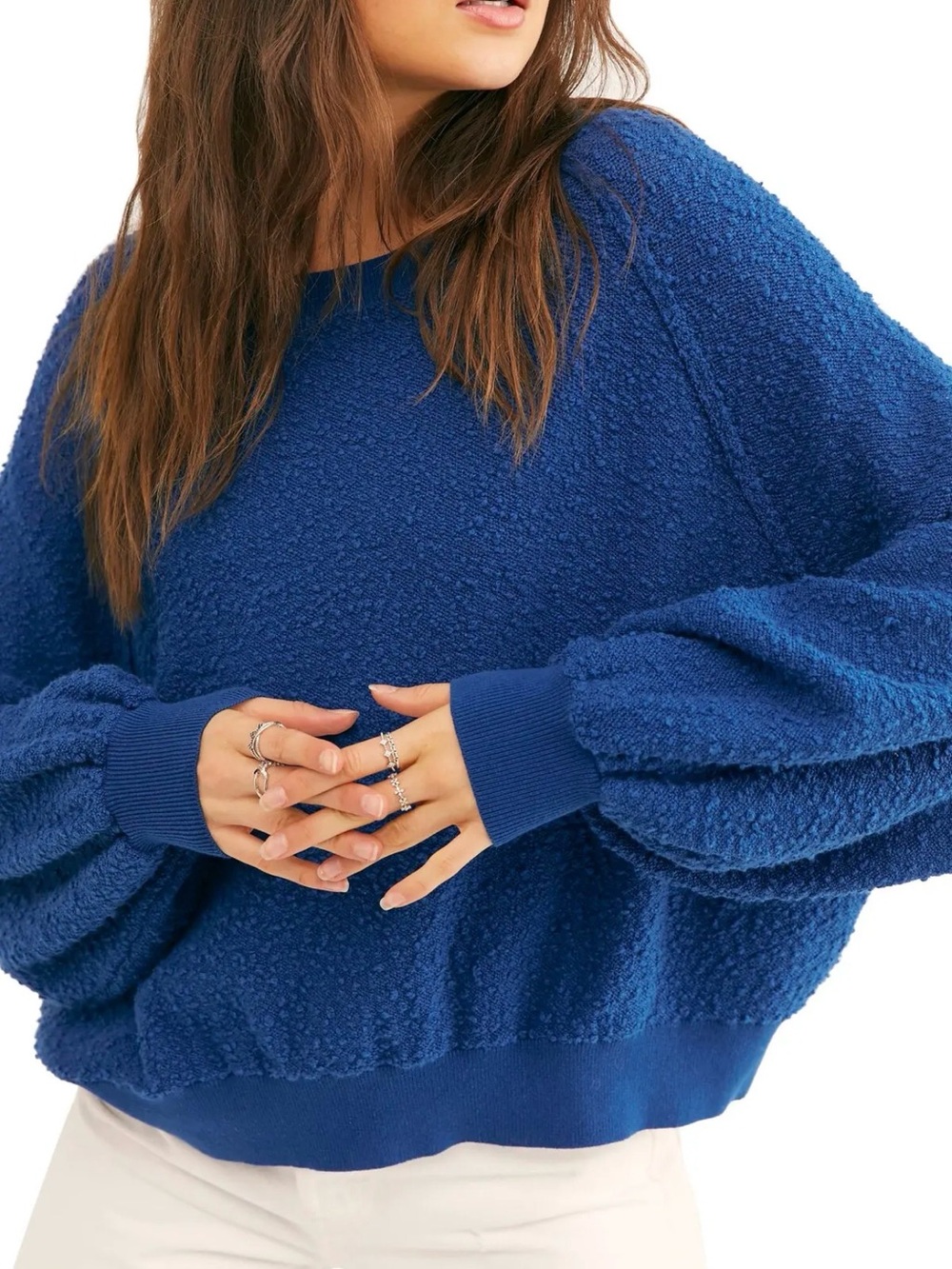 Free People Found My Friend Pullover in a vibrant blue boucle